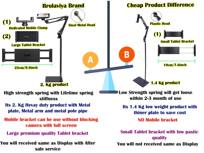 BROLAVIYA Tripod Floor Stand for 4-11 Inch, Both Mobile and Tablet, for Overhead Video, Watching Movie, Online Class Learning, Cooking, Color - Black - Image 3