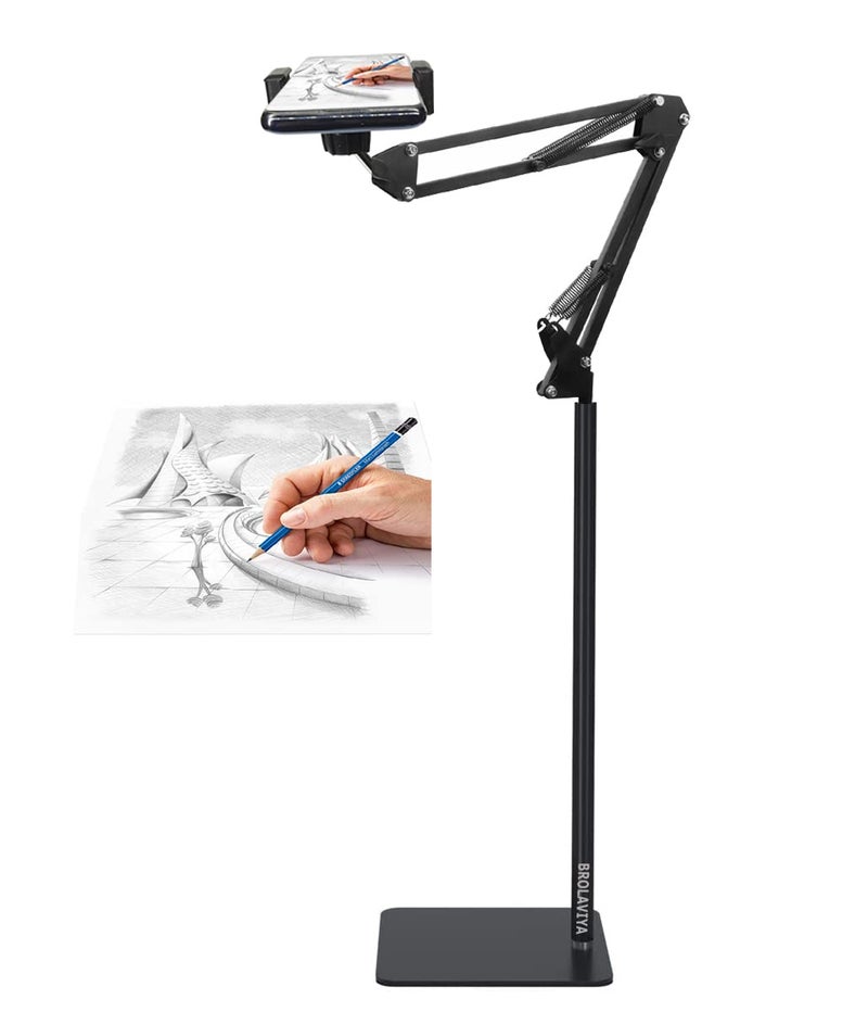 BROLAVIYA Tripod Floor Stand for 4-11 Inch, Both Mobile and Tablet, for Overhead Video, Watching Movie, Online Class Learning, Cooking, Color - Black - Image 1