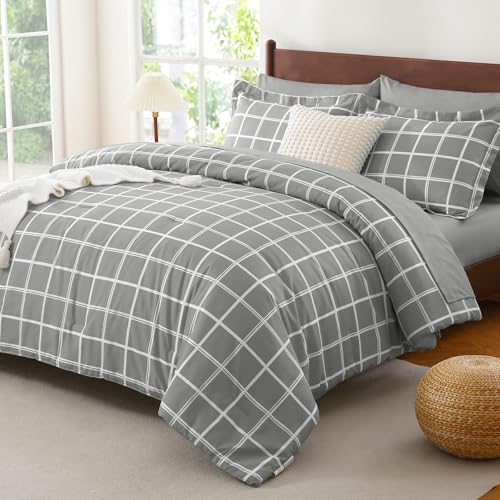 CozyLux King Size Comforter Set Sage Green - 7 Pieces Plaid Bed in a Bag Set, Soft Bed Set King Bedding Sets with All Season Quilted Comforter, Flat Sheet, Fitted Sheet, Pillowcases & Pillow Shams - Image 1