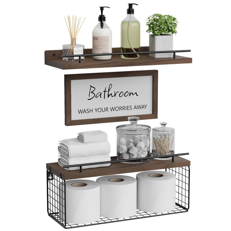 WOPITUES Floating Shelves for Wall Decor Sign Bathroom Organizers and Storage Bathroom Shelves Over Toilet with Metal GuardrailRustic Brown