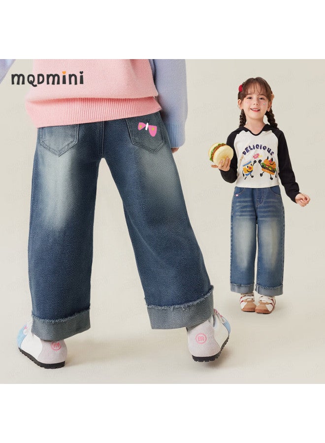 Mqdmini Girls' Turn-up Denim Jeans Children's Straight-leg Wide-leg Pants Casual Stylish Trousers Butterfly Princess