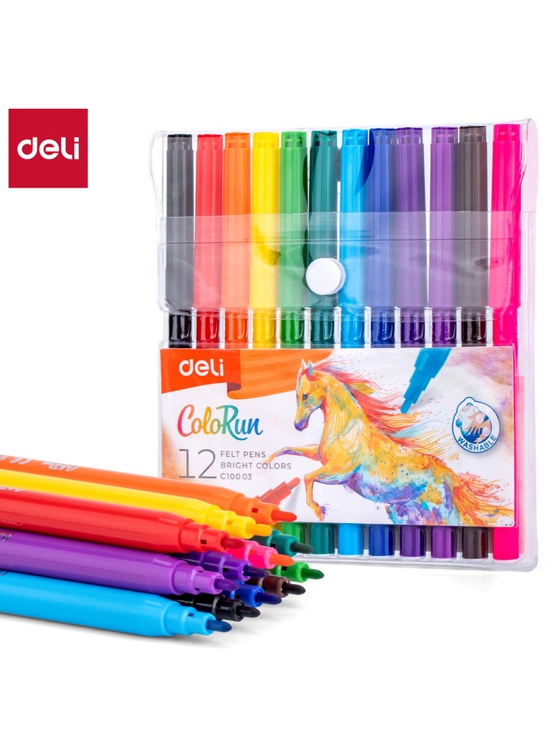 ديلي أقلام فيلت قابلة للغسل Deli EC10003 COLORUN، برميل دائري، رأس ليفي مخروطي 1.0–1.2 مم، 12 لوناً. - Image 1