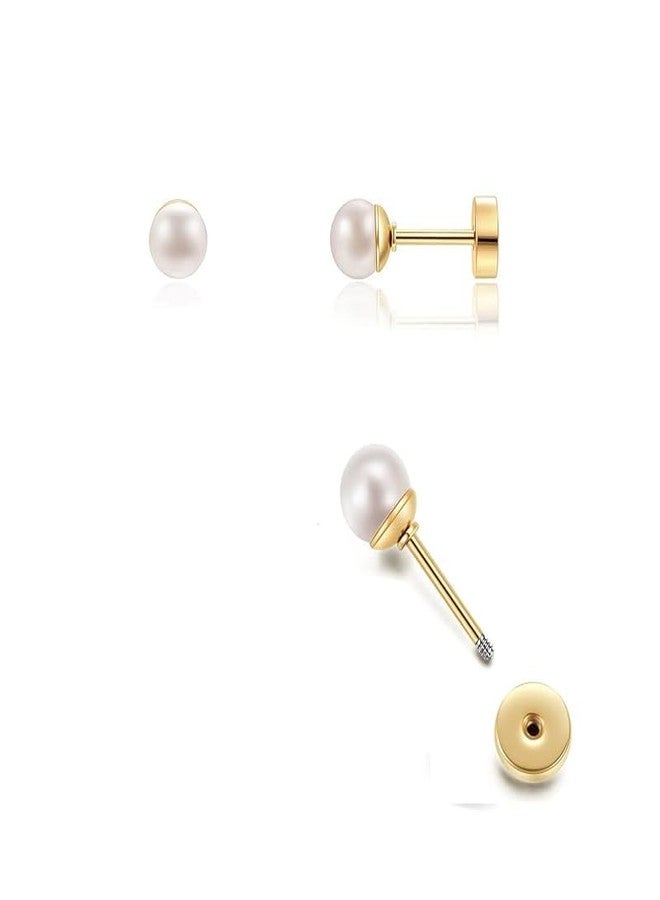 El Regalo Pearl Stud Earrings- 14K Gold Finish Screw Back Pearl Hypoallergenic 316L Surgical Steel Stud Earrings for Girls/Kids/Women- Pearl Cartilage/Helix Earrings Earrings (5mm Pearl) - Image 1