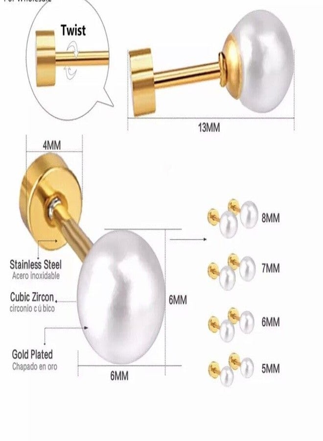 El Regalo Pearl Stud Earrings- 14K Gold Finish Screw Back Pearl Hypoallergenic 316L Surgical Steel Stud Earrings for Girls/Kids/Women- Pearl Cartilage/Helix Earrings Earrings (5mm Pearl) - Image 3