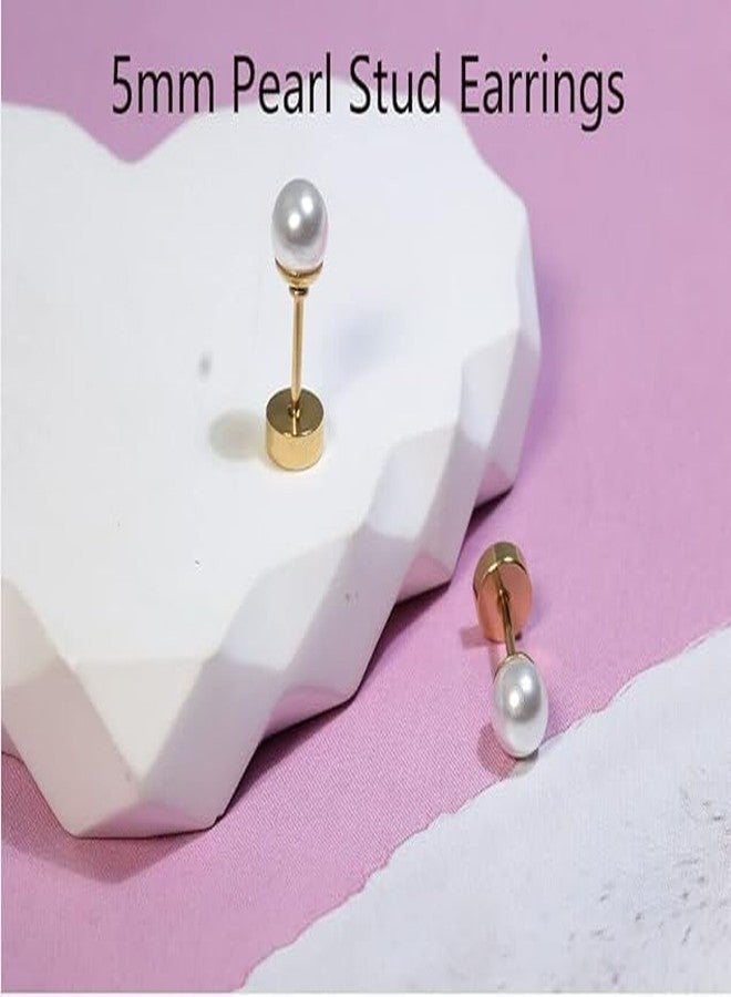 El Regalo Pearl Stud Earrings- 14K Gold Finish Screw Back Pearl Hypoallergenic 316L Surgical Steel Stud Earrings for Girls/Kids/Women- Pearl Cartilage/Helix Earrings Earrings (5mm Pearl) - Image 4