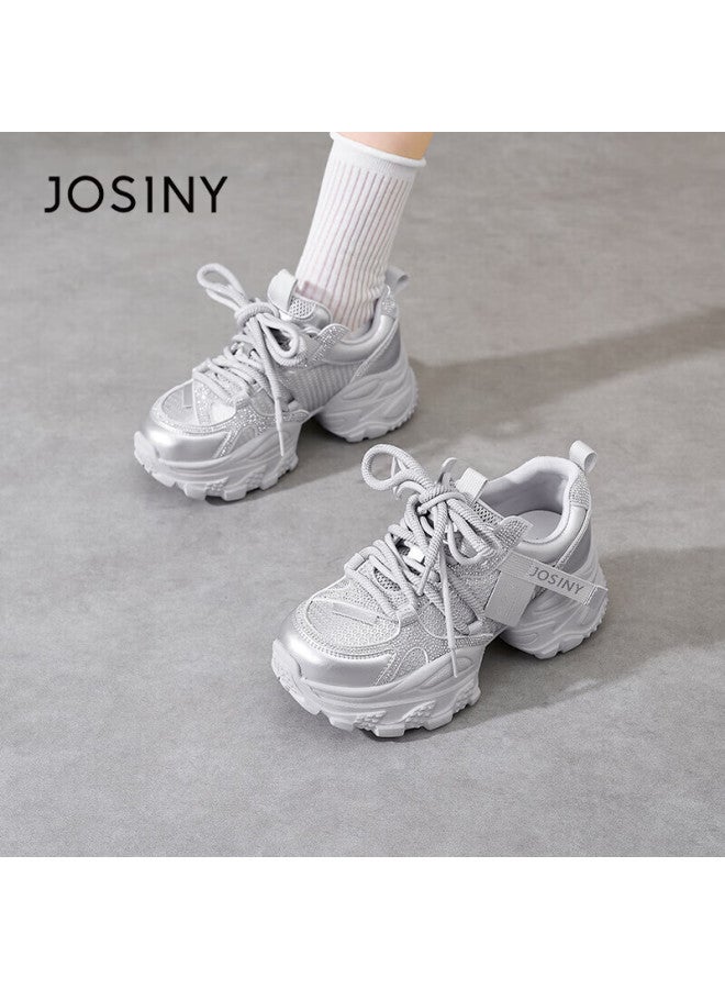 Josiny Zhuoshini Vintage Hong Kong Style Dad Sneakers Winter Women's Fashion Thick Sole Sports Casual Shoes Silver Size 39 - Image 1