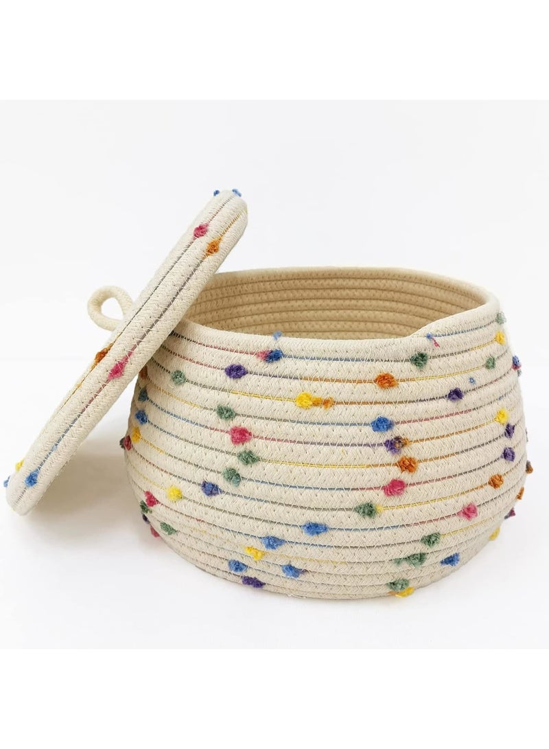 Barakah Small Rope Basket with Lid, Woven Storage Basket Organizer for Toys and Gifts, Decorative Round Bin with Colorful Pom Pom, Cute Toy Storage Box 10x6 for Kids Room Nursery Home, Beige - Image 1