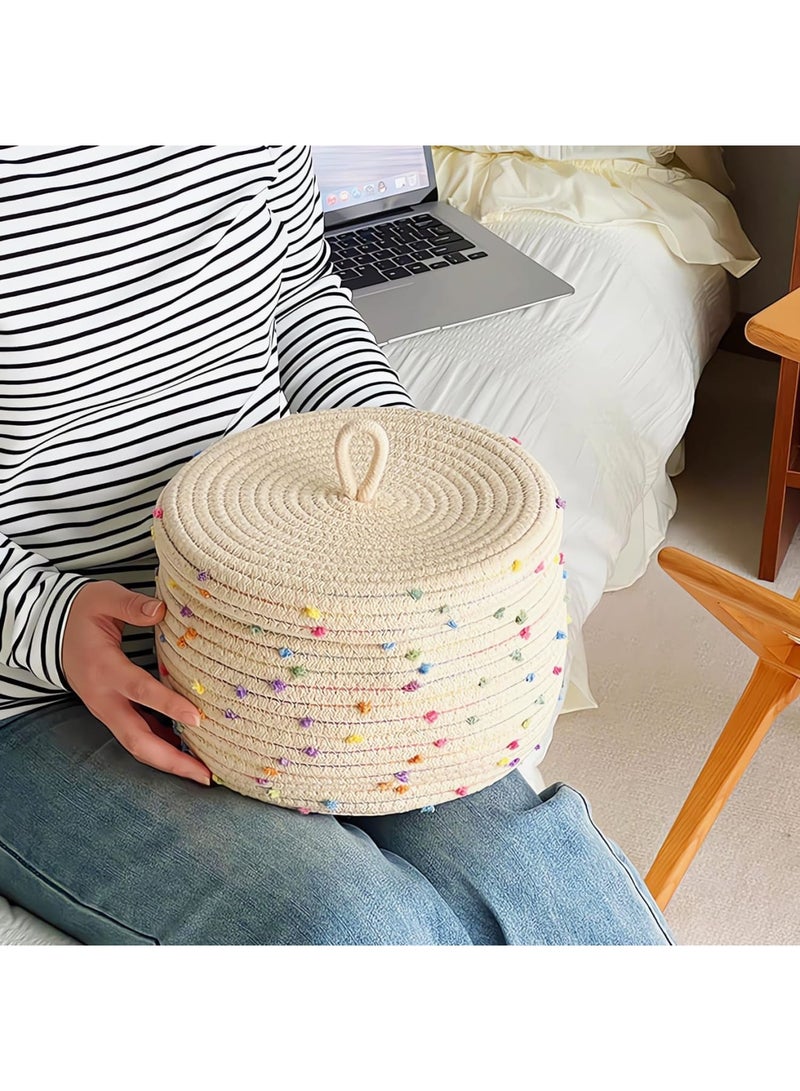 Barakah Small Rope Basket with Lid, Woven Storage Basket Organizer for Toys and Gifts, Decorative Round Bin with Colorful Pom Pom, Cute Toy Storage Box 10x6 for Kids Room Nursery Home, Beige - Image 4