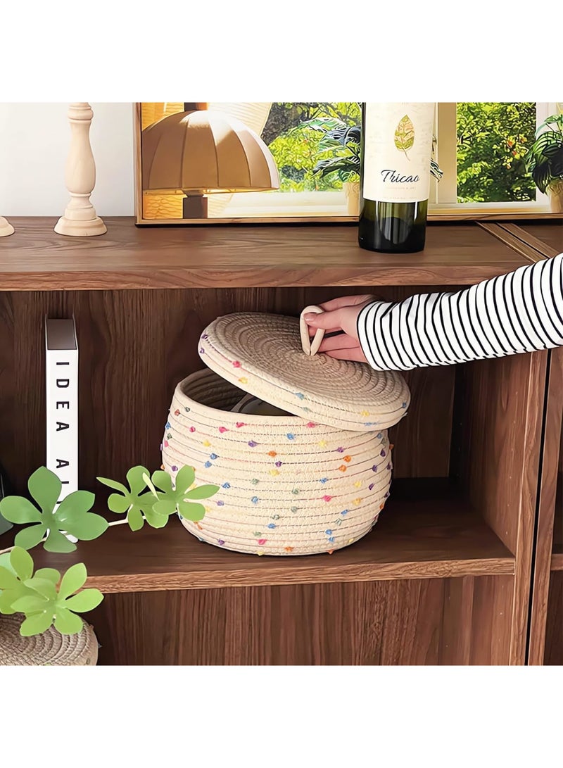 Barakah Small Rope Basket with Lid, Woven Storage Basket Organizer for Toys and Gifts, Decorative Round Bin with Colorful Pom Pom, Cute Toy Storage Box 10x6 for Kids Room Nursery Home, Beige - Image 5