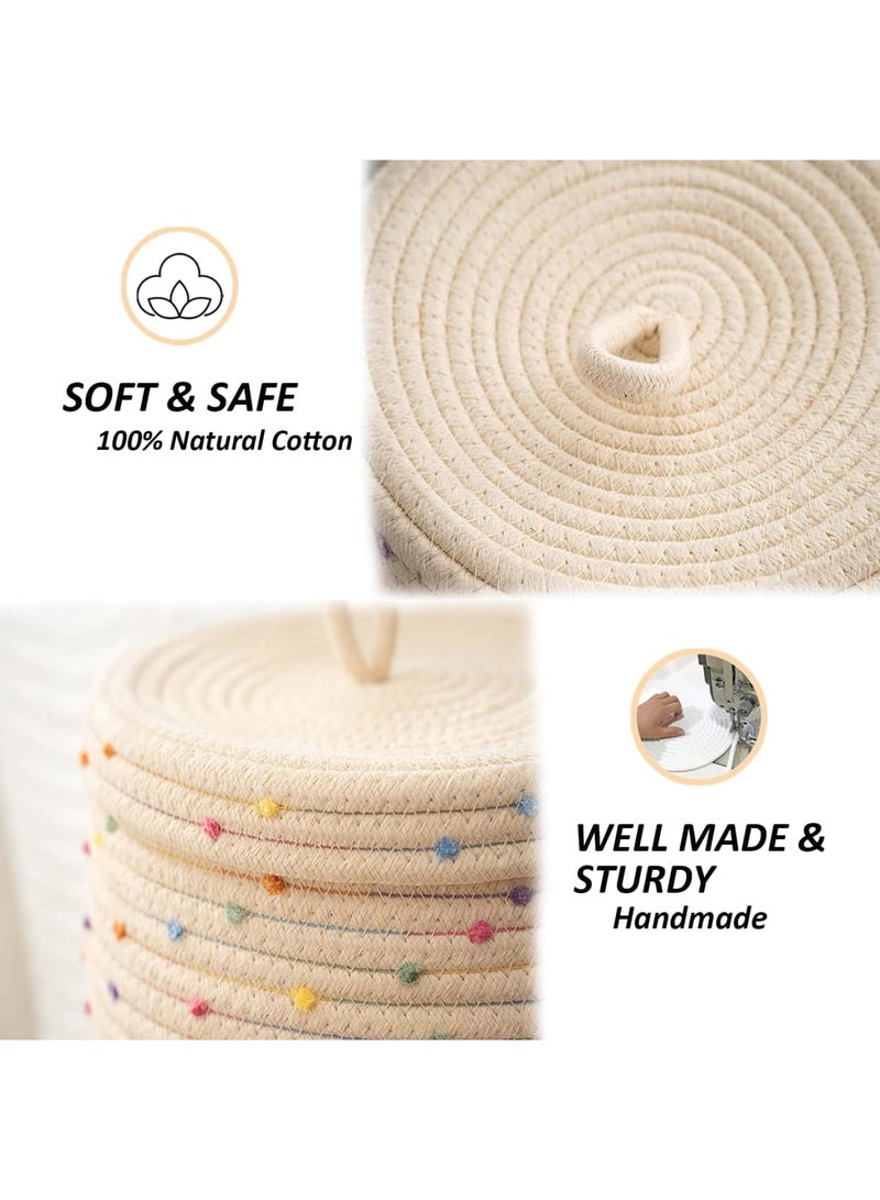 Barakah Small Rope Basket with Lid, Woven Storage Basket Organizer for Toys and Gifts, Decorative Round Bin with Colorful Pom Pom, Cute Toy Storage Box 10x6 for Kids Room Nursery Home, Beige - Image 2