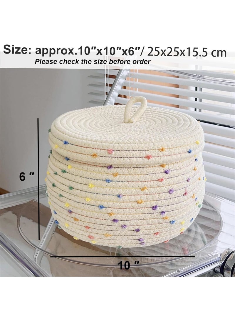 Barakah Small Rope Basket with Lid, Woven Storage Basket Organizer for Toys and Gifts, Decorative Round Bin with Colorful Pom Pom, Cute Toy Storage Box 10x6 for Kids Room Nursery Home, Beige - Image 3
