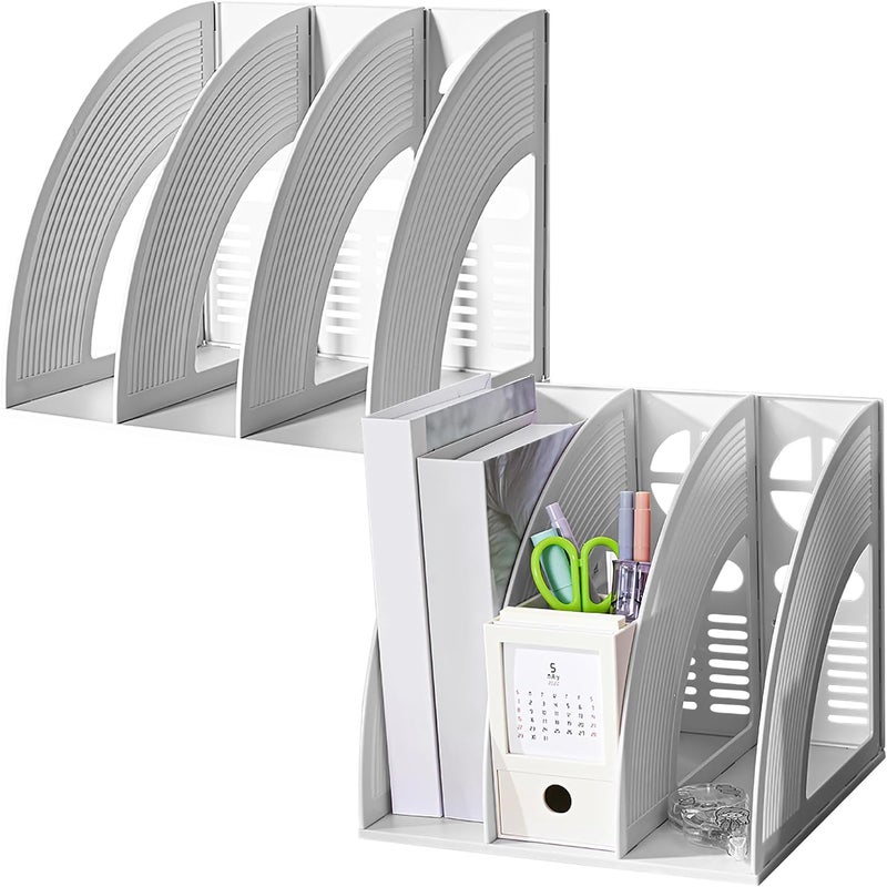 SAYEEC Magazine File Holder Folder Storage Desktop Standing Hollow File Bookshelf Organizer Office Racks Displays Holds Notebooks Documents (3 Compartments - Light Grey x 2) - Image 1