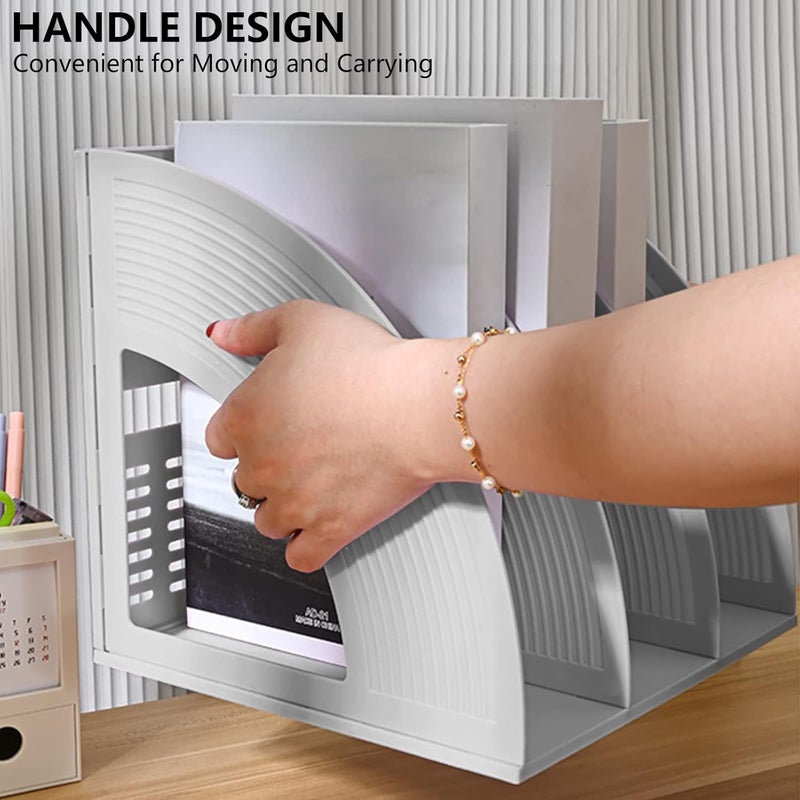 SAYEEC Magazine File Holder Folder Storage Desktop Standing Hollow File Bookshelf Organizer Office Racks Displays Holds Notebooks Documents (3 Compartments - Light Grey x 2) - Image 4