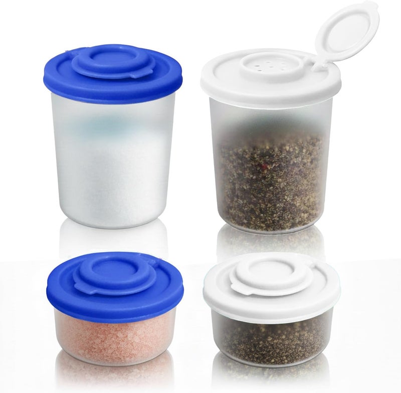 CEILUPY 4 PCS Salt and Pepper Shakers Set, 2 Medium (3oz) & 2 Mini (1.36oz) Plastic Shakers with Lids, Leak Proof Seasoning Dispensers for Kitchen, Dining, Travel, and Camping (Deep Blue+White) - Image 1