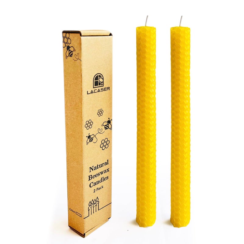 Lacaser Lacaser Beeswax Taper Candles Set of 2 Pcs  9"" Long Candles for Candlesticks in Yellow  Dripless & Smokeless  Burning Time 4 Hours  - Image 1