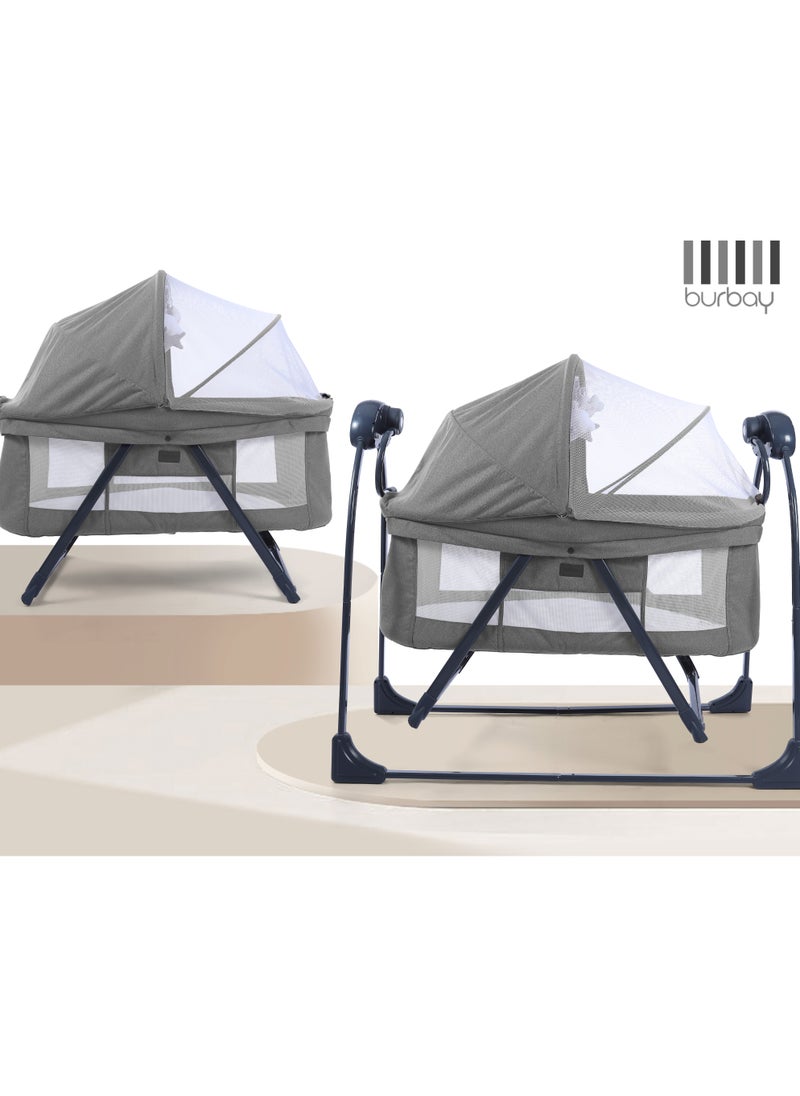 burbay - 3 in 1 Portable Foldable Baby Rocking Bed for Travel with Adjustable Height, Breathable Mesh and Mattress, Dark Gray - Image 1