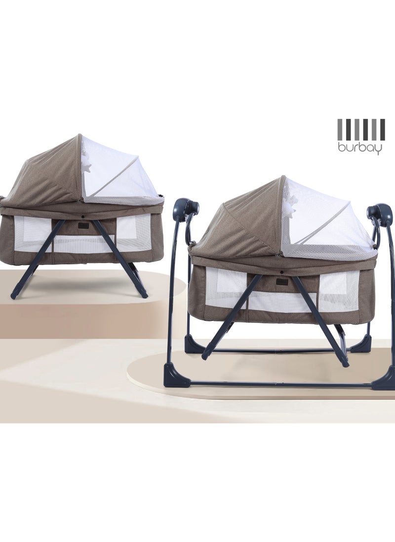 burbay - 3 in 1 Portable Foldable Baby Rocking Bed for Travel with Adjustable Height, Breathable Mesh and Mattress, Dark Gray - Image 1