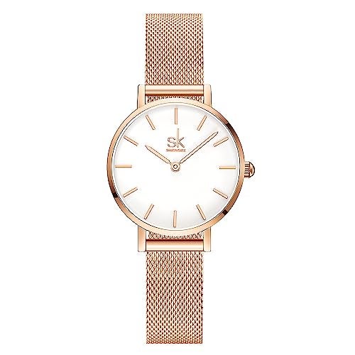 SHENGKE SK Ultra Thin Minialist Women Watches Simple Two Hands Ladies Dress Watch Leather Strap (Rosegold-Mesh) - Image 1