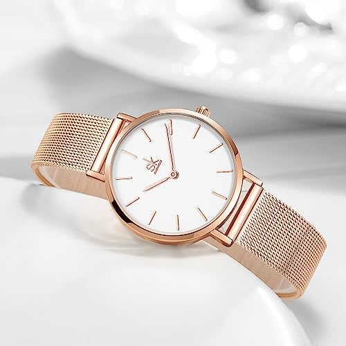 SHENGKE SK Ultra Thin Minialist Women Watches Simple Two Hands Ladies Dress Watch Leather Strap (Rosegold-Mesh) - Image 4