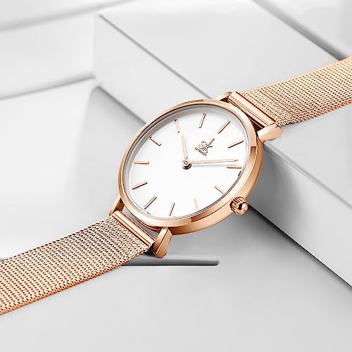 SHENGKE SK Ultra Thin Minialist Women Watches Simple Two Hands Ladies Dress Watch Leather Strap (Rosegold-Mesh) - Image 3