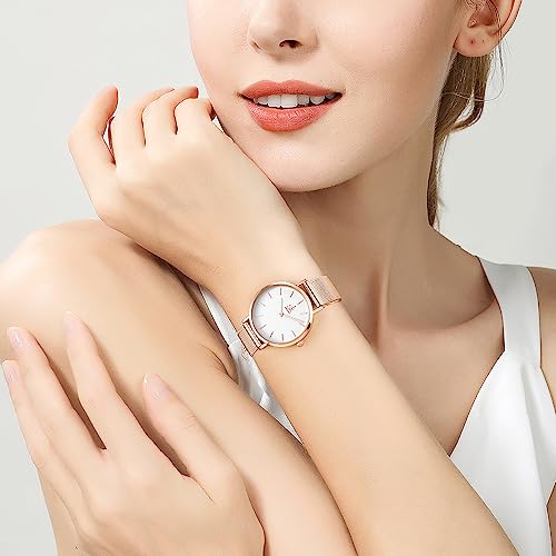 SHENGKE SK Ultra Thin Minialist Women Watches Simple Two Hands Ladies Dress Watch Leather Strap (Rosegold-Mesh) - Image 5