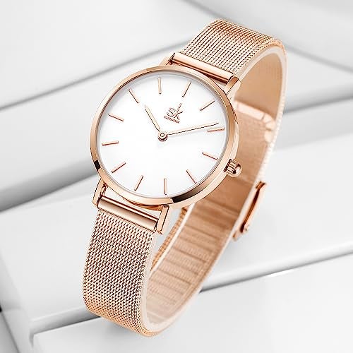 SHENGKE SK Ultra Thin Minialist Women Watches Simple Two Hands Ladies Dress Watch Leather Strap (Rosegold-Mesh) - Image 2