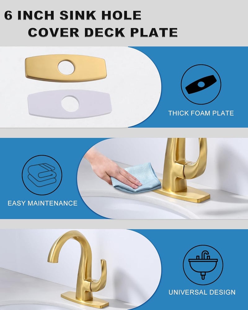 IVIGA 6" Sink Faucet Hole Cover: Deck Plate for Bathroom Vanity Sink - Faucet Brushed Gold Escutcheon Plate Stainless Steel Outside Faucet Cover Cap Rectangle Mixer Tap - Image 5