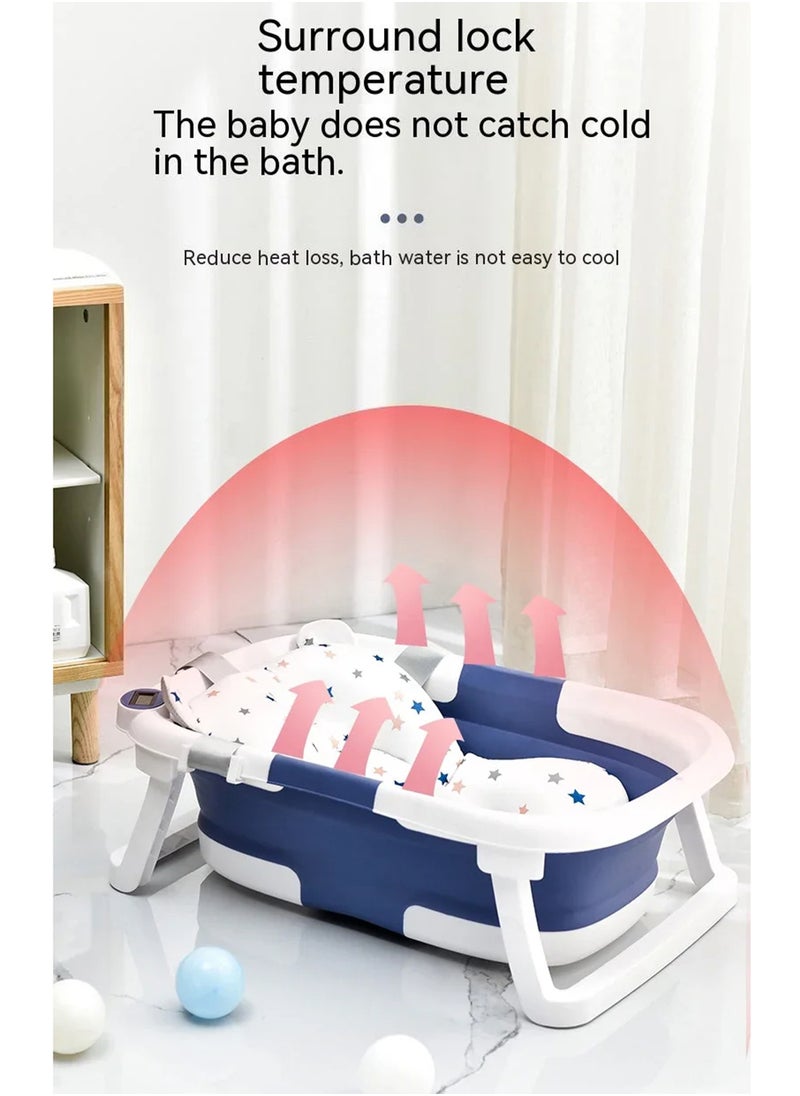 ONETO - Foldable Baby Bath Tub With Thermometer Bath Cushion Pillow Portable Safe Collapsible Bathtub For Newborn Infant Toddler Children With Temperature Sensing Multifunction Children Shower Basin - Image 1