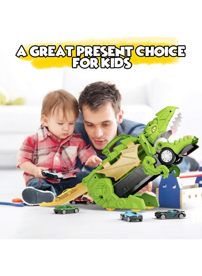 وانغبانغزي لعبة ديناصور شاحنة تفاعلية للأطفال - شاحنة نقل مع حقيبة تخزين محمولة تحتوي على 4 سيارات، أفضل هدية تعليمية للأولاد والبنات من عمر 2 3 4 سنوات، مصنوعة من بلاستيك آمن خال من مادة BPA - Image 3