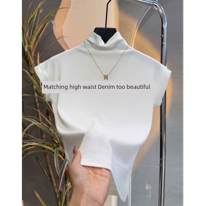 تي شيرت قصير الأكمام بياقة واقفة صغيرة للنساء موضة 2025 خريف مبكر - Image 1