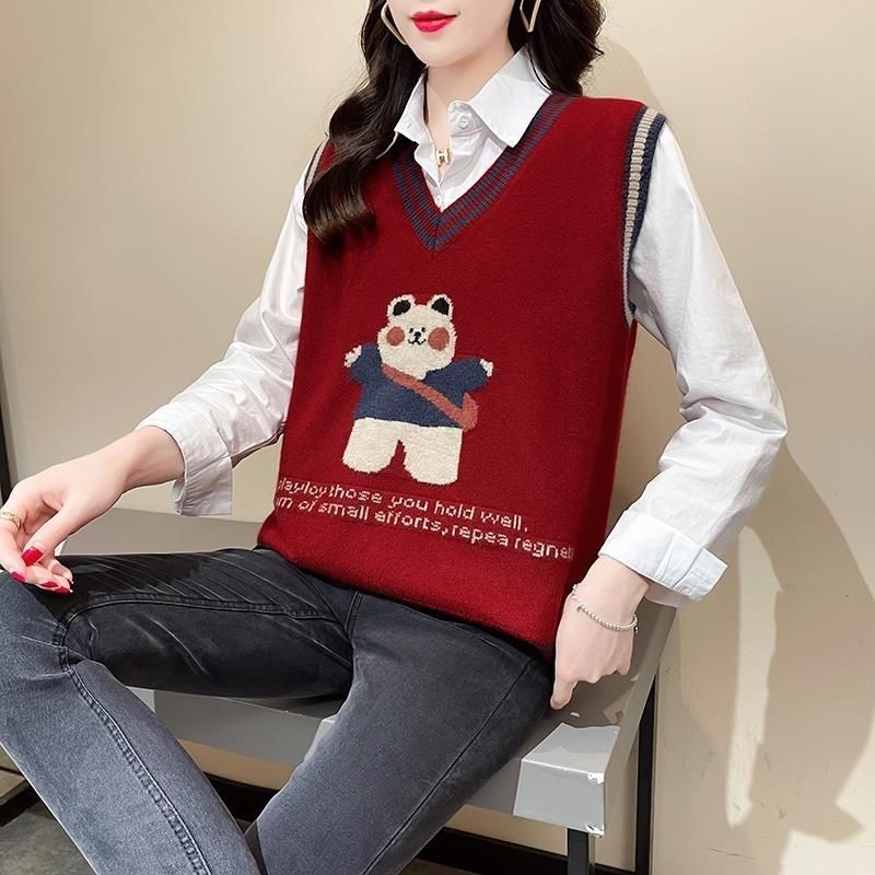 Bear Knitted Sweater Vest Womens 22 Autumn New Korean Style Loose Top Pullover Easiest for Match Lazy Sweater Vest Off-white