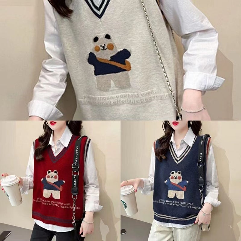 Bear Knitted Sweater Vest Womens 22 Autumn New Korean Style Loose Top Pullover Easiest for Match Lazy Sweater Vest Off-white