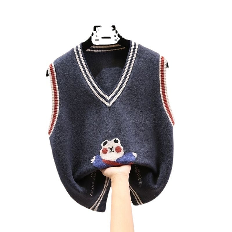 Bear Knitted Sweater Vest Womens 22 Autumn New Korean Style Loose Top Pullover Easiest for Match Lazy Sweater Vest Off-white