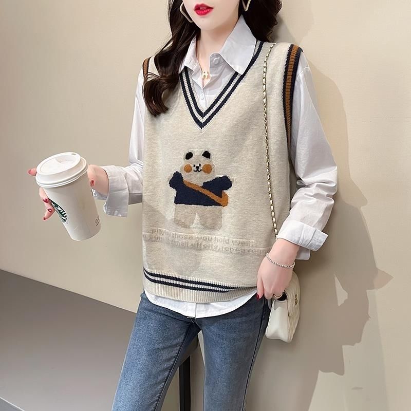 Bear Knitted Sweater Vest Womens 22 Autumn New Korean Style Loose Top Pullover Easiest for Match Lazy Sweater Vest Off-white
