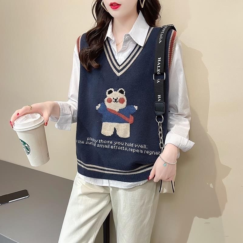 Bear Knitted Sweater Vest Womens 22 Autumn New Korean Style Loose Top Pullover Easiest for Match Lazy Sweater Vest Off-white