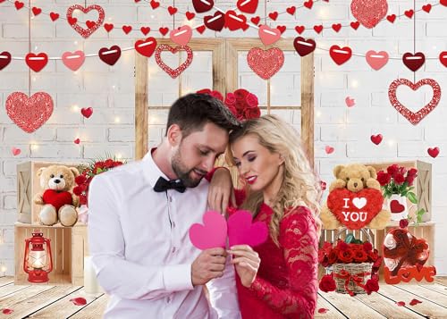 CYLYH 8x6ft Valentine's Day Backdrop Rustic Wood Door Backdrop Red Love Heart Backdrops Valentine's White Brick Wall Backdrop Mother's Day Backdrops Party Bridal Shower Kid Birthday Party Banner - Image 3