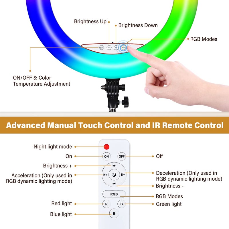 Yesker Ring Light with Tripod Stand and Phone Holder 18 Inch RGB Ringlight 25 RGB Modes Bi-Color Adjustable 2700â€“7000K LED Selfie Halo Light Kit for Live Stream Photography Zoom Makeup Youtobe Tiktok - Image 4