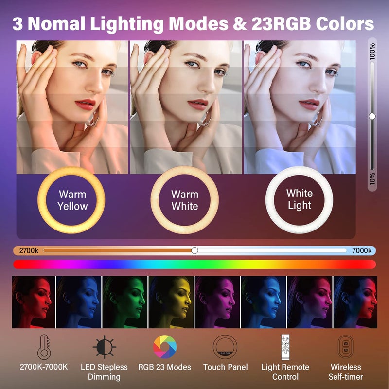 Yesker Ring Light with Tripod Stand and Phone Holder 18 Inch RGB Ringlight 25 RGB Modes Bi-Color Adjustable 2700â€“7000K LED Selfie Halo Light Kit for Live Stream Photography Zoom Makeup Youtobe Tiktok - Image 2