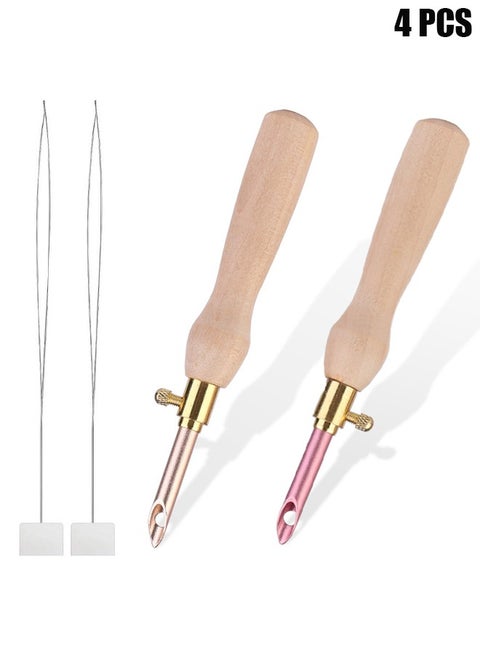 Embroidery Pen, Wooden Handle Threader, Sewing Punch Needle Set Embroidery Punch Needle Weaving Tools Portable for DIY Craft Stitching Applique Embellishment Sewing Felting, Set of 4