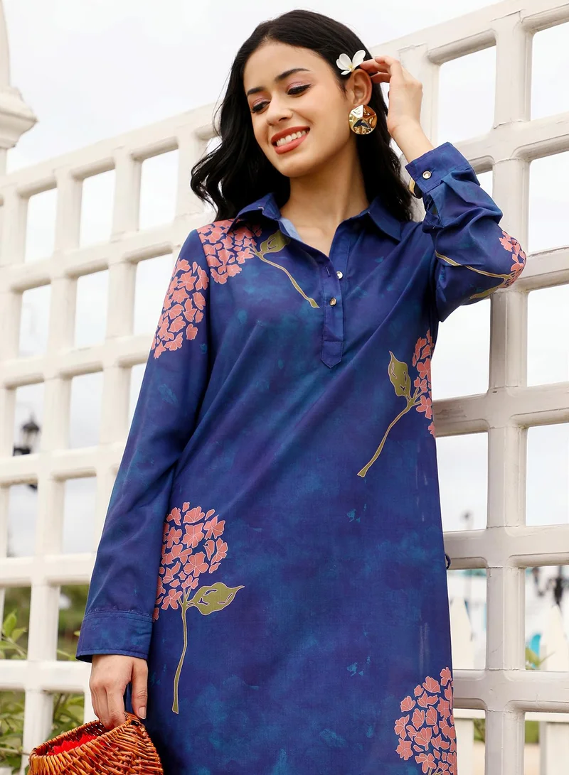 Qissa  Women's Bloom-Dye Imprint Kurta Set For Ethnic Wear | Spread Collar, Long Cuffed Sleeves | Floral Print Woven Fabric | 2 Piece Kurta Set Designed For Casual & Evening Wear for Women | Best Price UAE