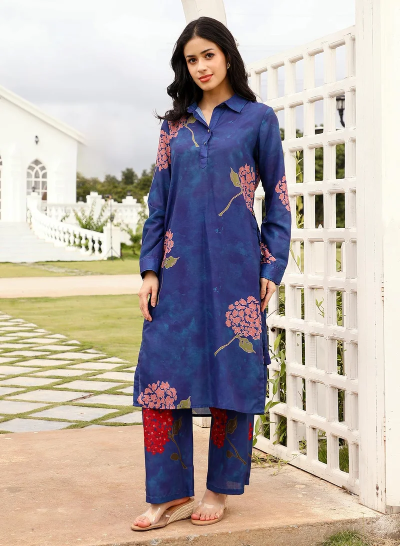 Qissa  Women's Bloom-Dye Imprint Kurta Set For Ethnic Wear | Spread Collar, Long Cuffed Sleeves | Floral Print Woven Fabric | 2 Piece Kurta Set Designed For Casual & Evening Wear for Women | Best Price UAE