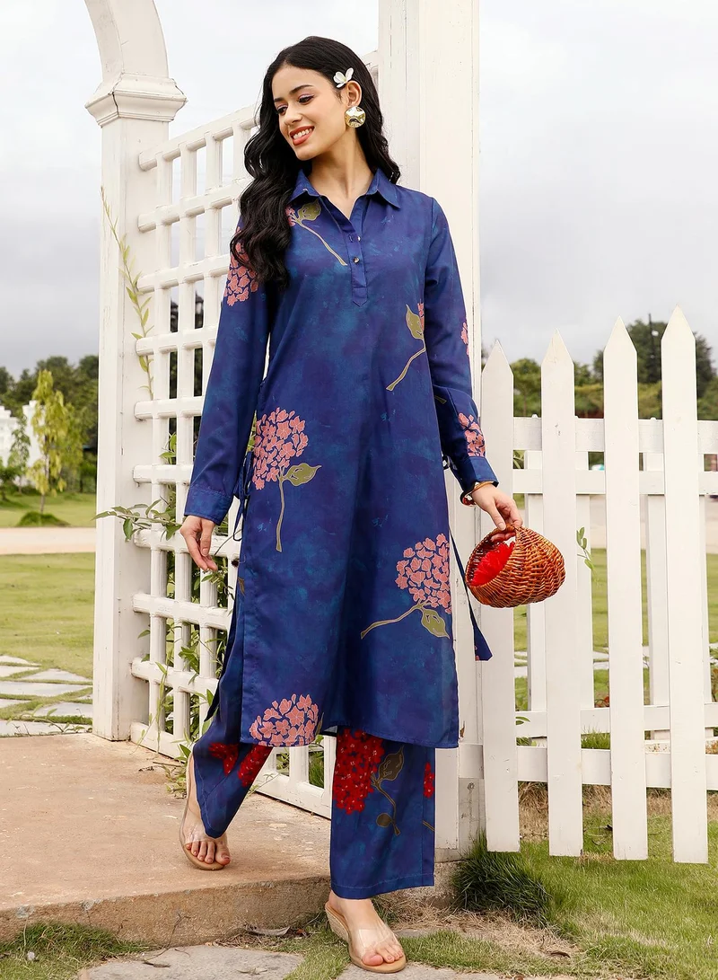 QISSA Women's Bloom-Dye Imprint Kurta Set For Ethnic Wear | Spread Collar, Long Cuffed Sleeves | Floral Print Woven Fabric | 2 Piece Kurta Set Designed For Casual & Evening Wear