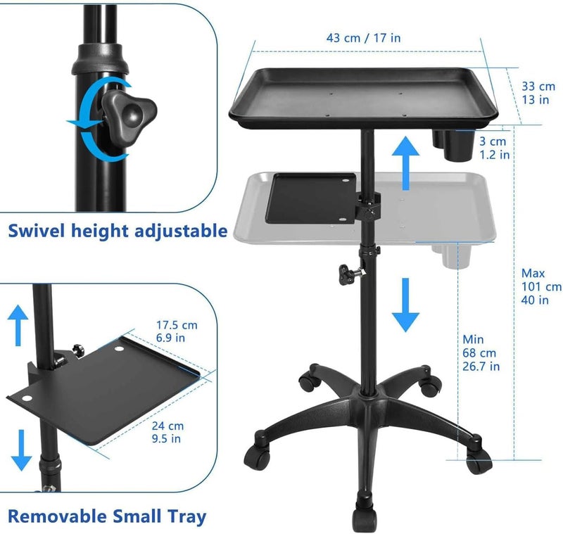 Salon Tray Cart with Storage Platform, Aluminum Tattoo Tray with Wheels Trolley Adjustable Height, Salon Tray Equipment Service Instrument Storage Tray Accessory for Salon & Spa Use, Black - Image 2
