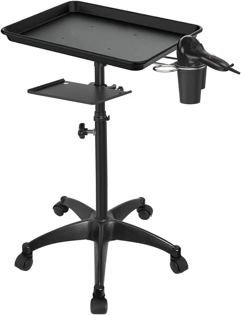 Salon Tray Cart with Storage Platform, Aluminum Tattoo Tray with Wheels Trolley Adjustable Height, Salon Tray Equipment Service Instrument Storage Tray Accessory for Salon & Spa Use, Black - Image 1
