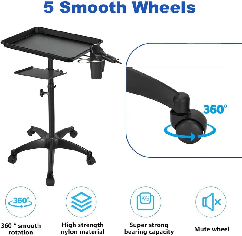 Salon Tray Cart with Storage Platform, Aluminum Tattoo Tray with Wheels Trolley Adjustable Height, Salon Tray Equipment Service Instrument Storage Tray Accessory for Salon & Spa Use, Black - Image 4