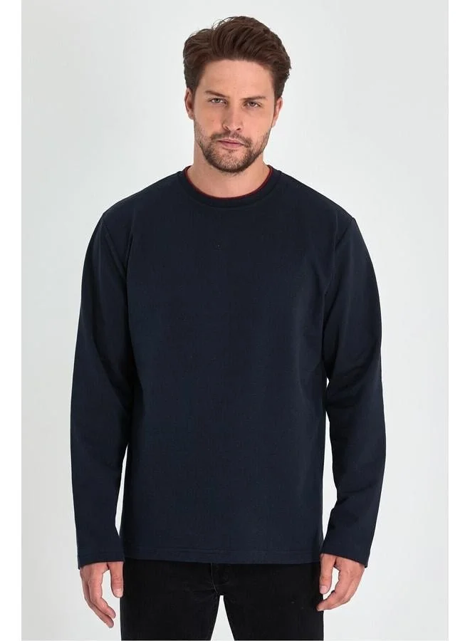 Mmetalic Men's Navy Double Crewneck Standard Relaxed Fit Sweatshirt.
