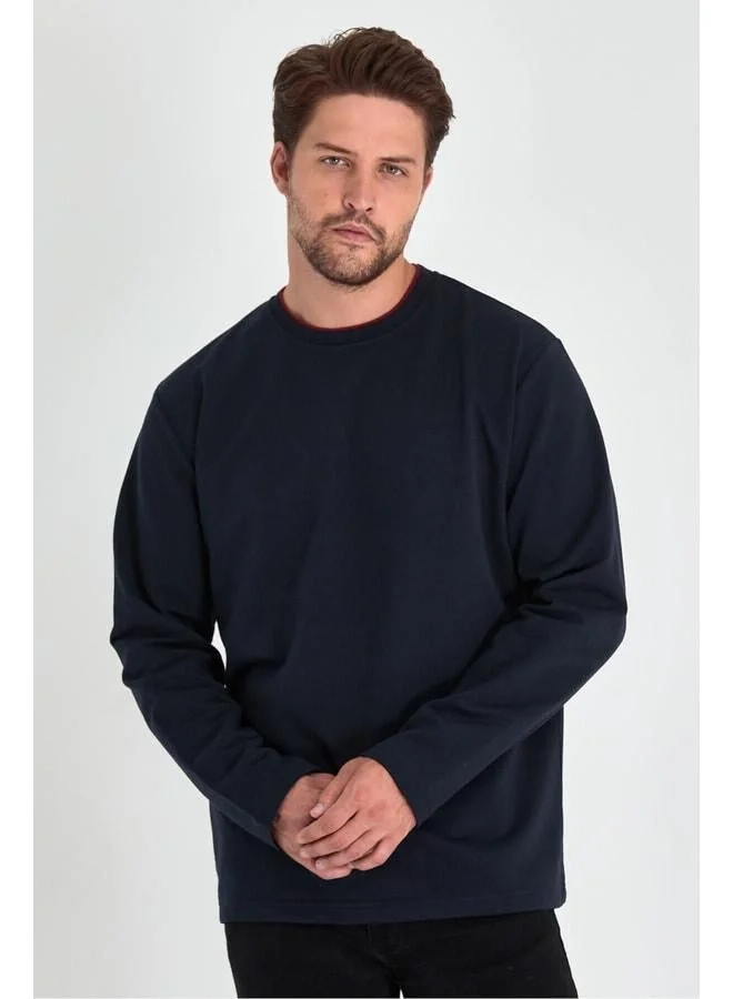 Mmetalic Men's Navy Double Crewneck Standard Relaxed Fit Sweatshirt.