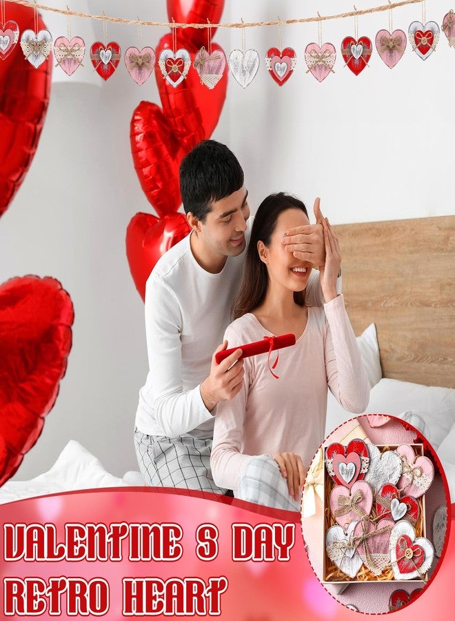 كاتفلي مجموعة كاثلي من 24 قطعة من زينة شجرة عيد الحب العتيقة، زينة قلوب خشبية ريفية لعيد الحب، زينة قلوب طبيعية مع فيونكات دانتيل لتزيين المنزل والمكتب وحفلات الزفاف (كلاسيكي) - Image 2