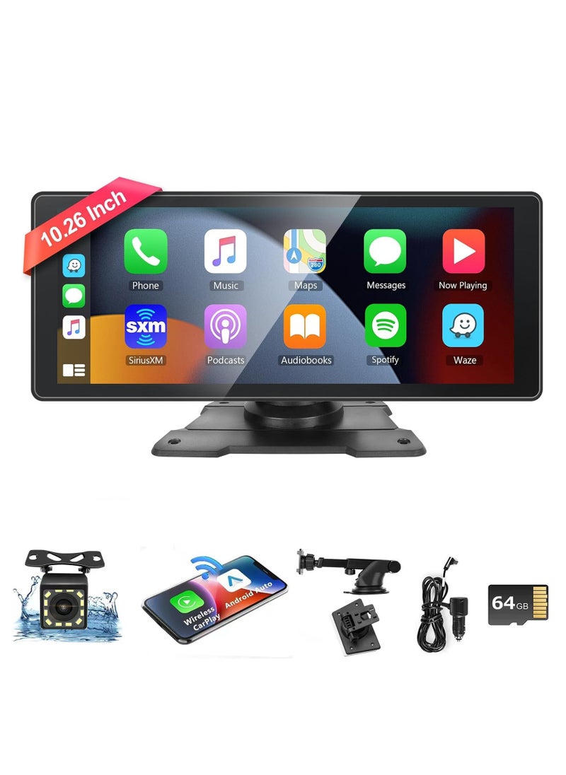 MSMR - 10.25" Portable Wireless Carplay & Android Auto with Backup 12LED Camera, Portable Car Stereo Radio with Bluetooth 5.0, Car Play Touchscreen, Calling, AUX/FM Transmitter(with 64G Card) - Image 1