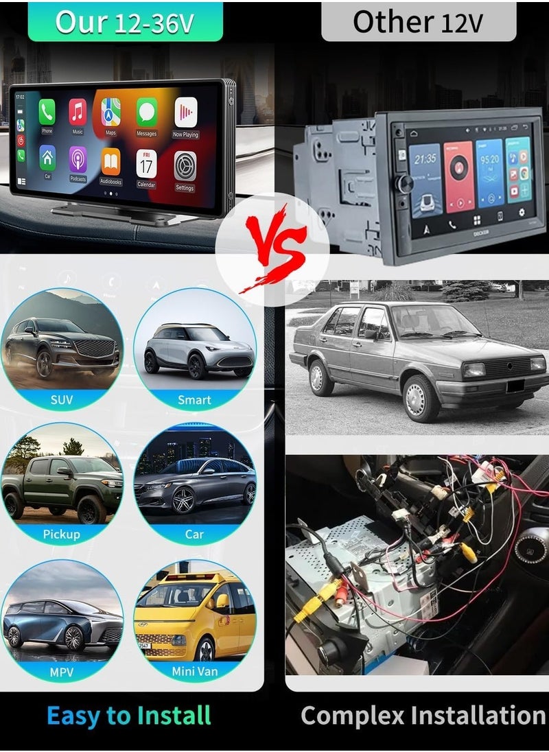 MSMR - 10.25" Portable Wireless Carplay & Android Auto with Backup 12LED Camera, Portable Car Stereo Radio with Bluetooth 5.0, Car Play Touchscreen, Calling, AUX/FM Transmitter(with 64G Card) - Image 1